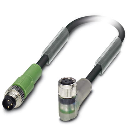 Phoenix Contact M8 to M8 Cordset; SAC-3P-M 8MS/1.5-PUR/M 8FR-2L; Female Right Angle to Male Straight; 3-Pin; 3-Wire to 3-Pin; 1.5m PUR Cable; w/ LEDs